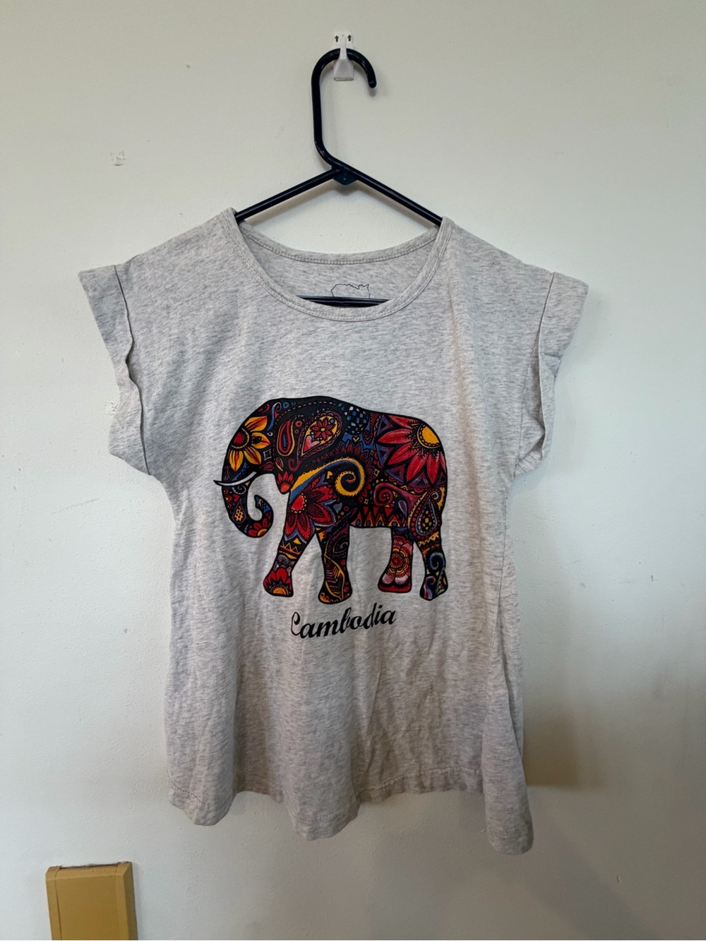Grey Tee with Colorful Paisley Elephant Graphic - Cambodia